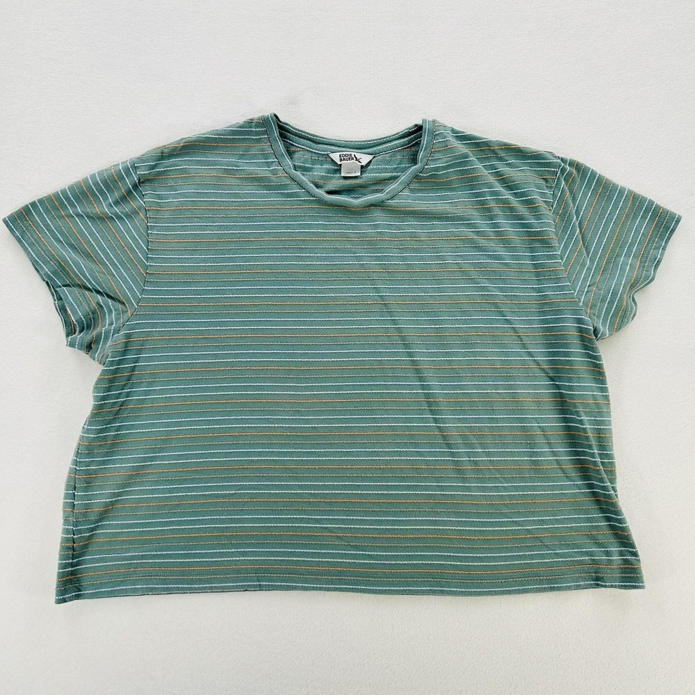 Eddie Bauer Shirt Womens Large Green Striped Crewneck Short Sleeve Tee Top Knit